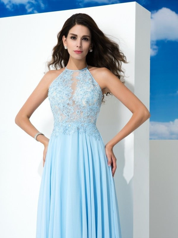 Spaghetti Sleeveless Applique A-Line/Princess Straps Long Chiffon Dresses