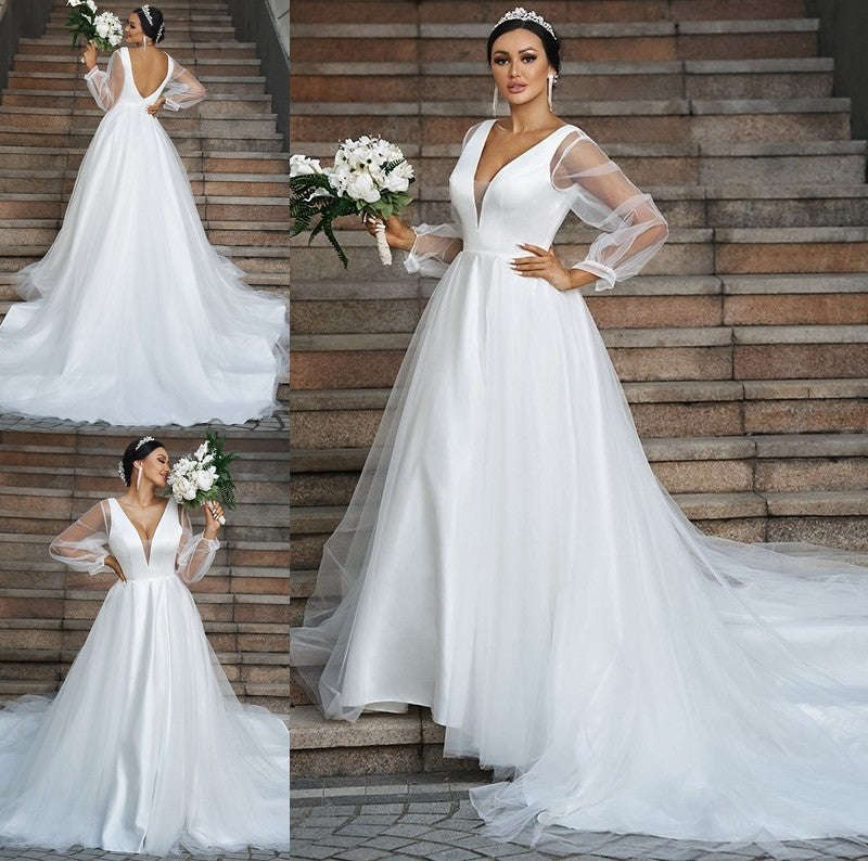 Tulle V-neck Long Ruffles Sleeves A-Line/Princess Court Train Wedding Dresses