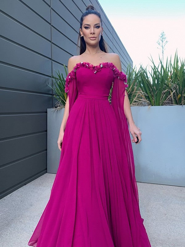 Long A-Line/Princess Sleeves Chiffon Floor-Length Ruffles Off-the-Shoulder Dresses