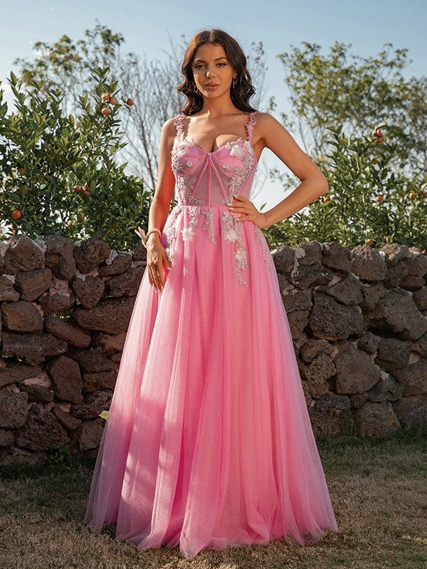 Tulle Straps Applique A-Line/Princess Sleeveless Floor-Length Dresses