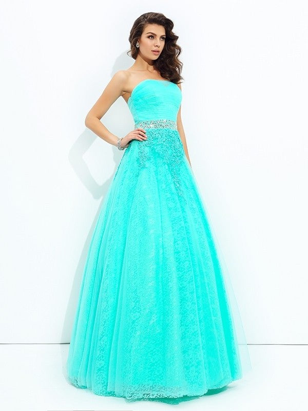 A-line/Princess Strapless Long Sleeveless Elastic Beading Woven Satin Dresses