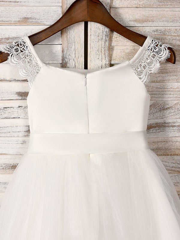 Tulle Tea-Length Sleeveless A-Line/Princess Sash/Ribbon/Belt Scoop Flower Girl Dresses