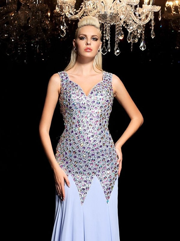 Rhinestone Sleeveless Sheath/Column Straps Long Chiffon Dresses