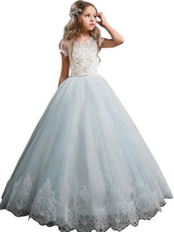 Gown V-neck Sleeves Tulle Short Floor-Length Lace Ball Flower Girl Dresses