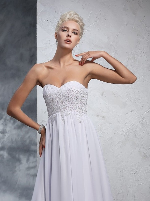 Sweetheart Sleeveless A-Line/Princess Long Beading Chiffon Wedding Dresses