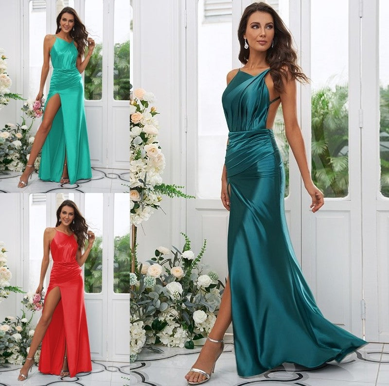 Sheath/Column Sleeveless Charmeuse Ruched Sweep/Brush Scoop Train Bridesmaid Dresses