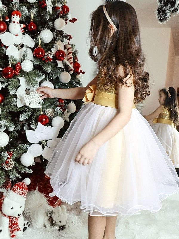 Scoop Sleeveless A-Line/Princess Tea-Length Organza Sequin Flower Girl Dresses