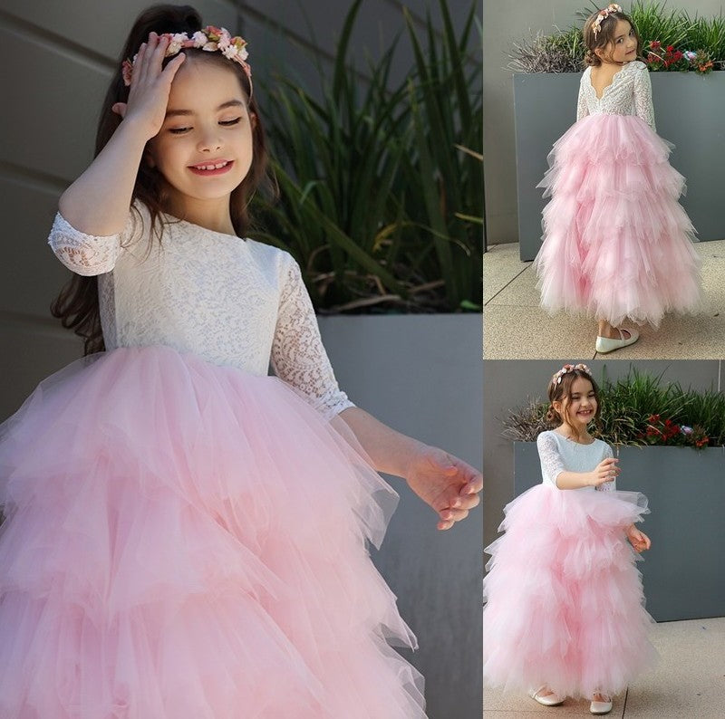 Sleeves 3/4 A-Line/Princess Tulle Scoop Lace Ankle-Length Flower Girl Dresses