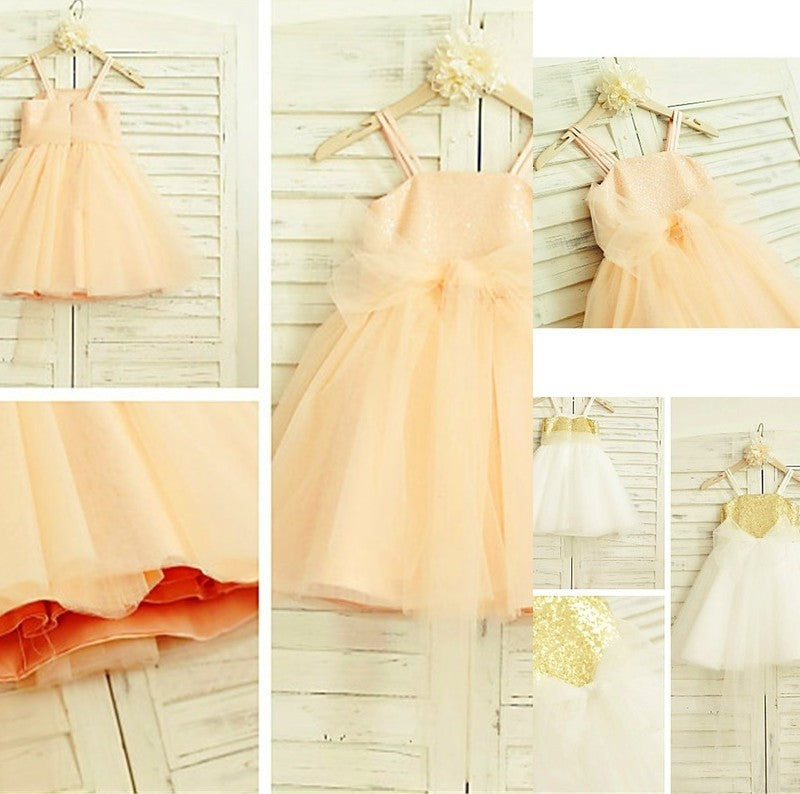 Tulle Sequin Spaghetti Sleeveless Tea-Length A-line/Princess Straps Flower Girl Dresses