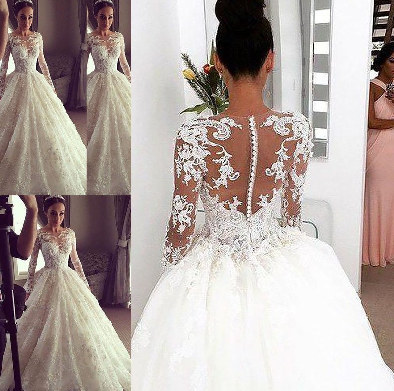 Sleeves Gown Long Train Scoop Court Ball Lace Wedding Dresses