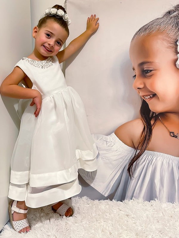 Satin Jewel Sleeveless Tea-Length A-Line/Princess Bowknot Flower Girl Dresses