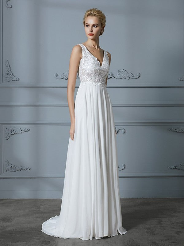 Train A-Line/Princess Sleeveless V-neck Sweep/Brush Chiffon Wedding Dresses