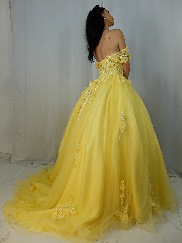 Applique Gown Ball Sleeveless Tulle Off-the-Shoulder Sweep/Brush Train Dresses