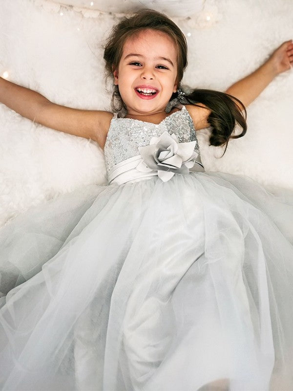 Straps Sleeveless Spaghetti Sequin Tulle A-Line/Princess Tea-Length Flower Girl Dresses