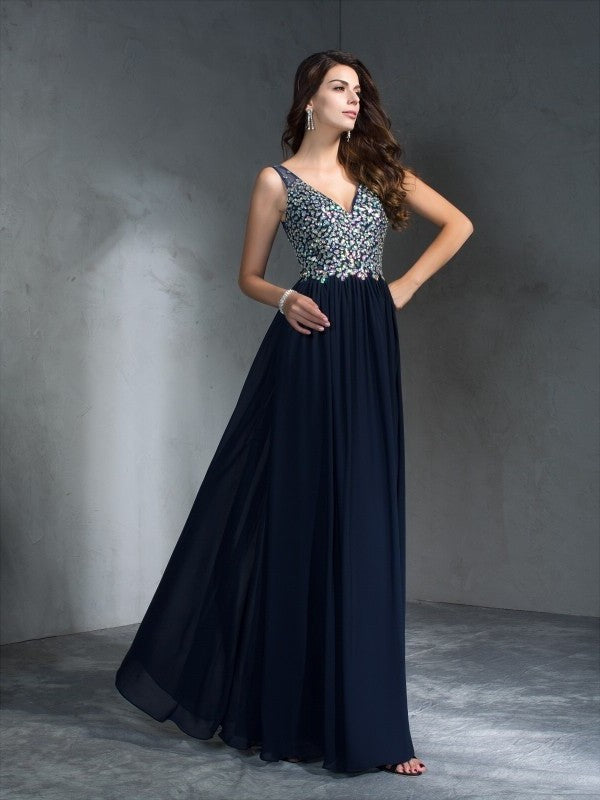 A-Line/Princess V-neck Sleeveless Beading Long Chiffon Dresses