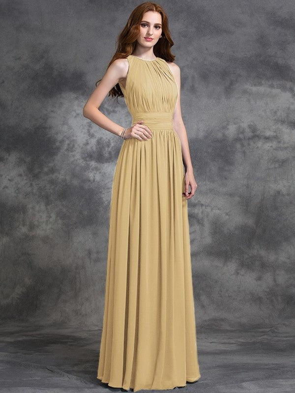 Sleeveless Long A-line/Princess Ruched Jewel Chiffon Bridesmaid Dresses