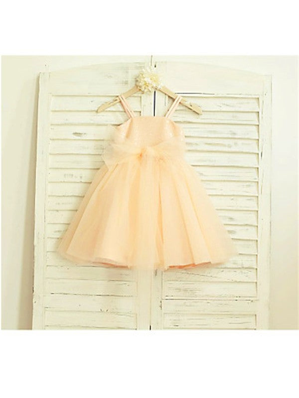 Tulle Sequin Spaghetti Sleeveless Tea-Length A-line/Princess Straps Flower Girl Dresses