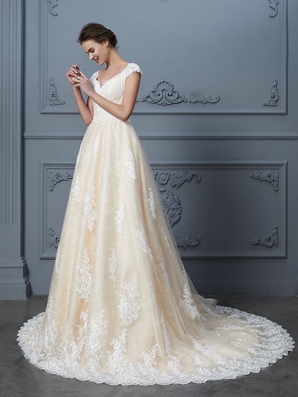 Sweetheart Gown Ball Court Sleeveless Train Beading Lace Wedding Dresses