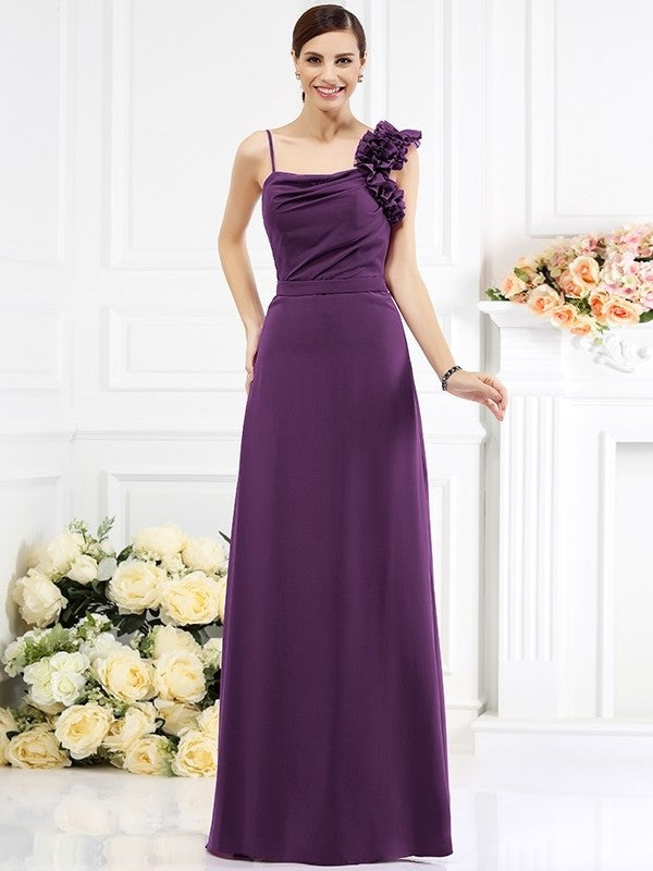 Spaghetti Hand-Made Sheath/Column Long Flower Sleeveless Straps Chiffon Bridesmaid Dresses