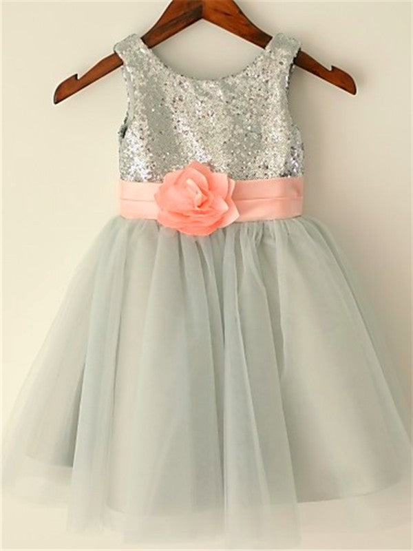 A-line/Princess Scoop Tulle Sleeveless Sequin Tea-Length Flower Girl Dresses