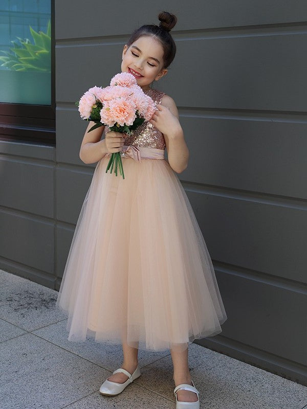 Sleeveless Tulle A-Line/Princess Scoop Bowknot Tea-Length Flower Girl Dresses