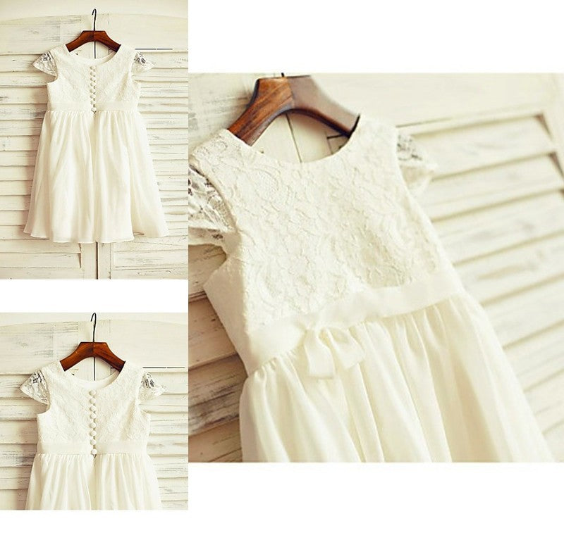 Lace Chiffon Sleeves Short Tea-Length Scoop A-line/Princess Flower Girl Dresses