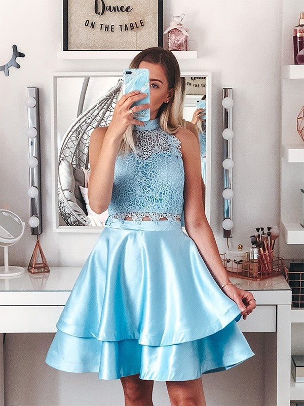 A-Line/Princess Two Sleeveless Lace Halter Satin Short/Mini Piece Homecoming Dresses