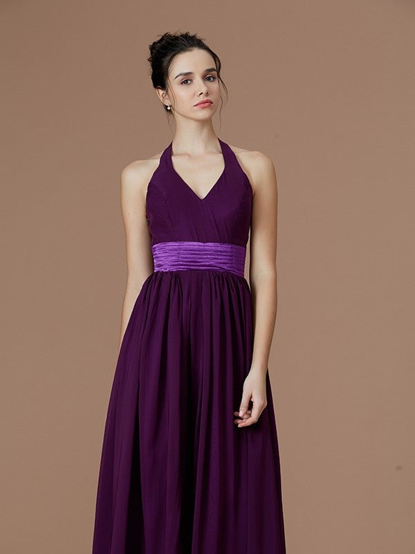 Floor-Length Sleeveless Halter A-Line/Princess Sash/Ribbon/Belt Chiffon Bridesmaid Dresses