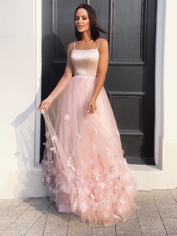 Flower A-Line/Princess Hand-Made Straps Tulle Floor-Length Sleeveless Dresses