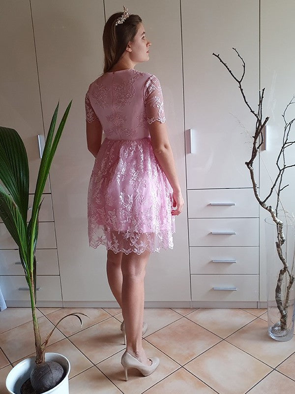 Neck Organza Short Sheer Applique Sleeves A-Line/Princess Short/Mini Homecoming Dresses