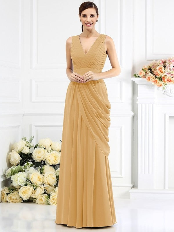 Pleats Sleeveless V-neck A-Line/Princess Long Chiffon Bridesmaid Dresses