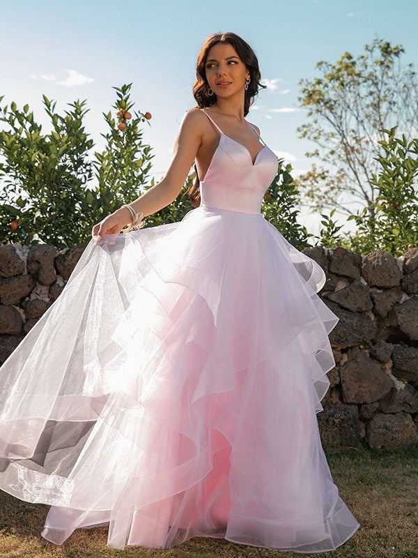 Tulle V-neck A-Line/Princess Ruffles Sleeveless Floor-Length Dresses