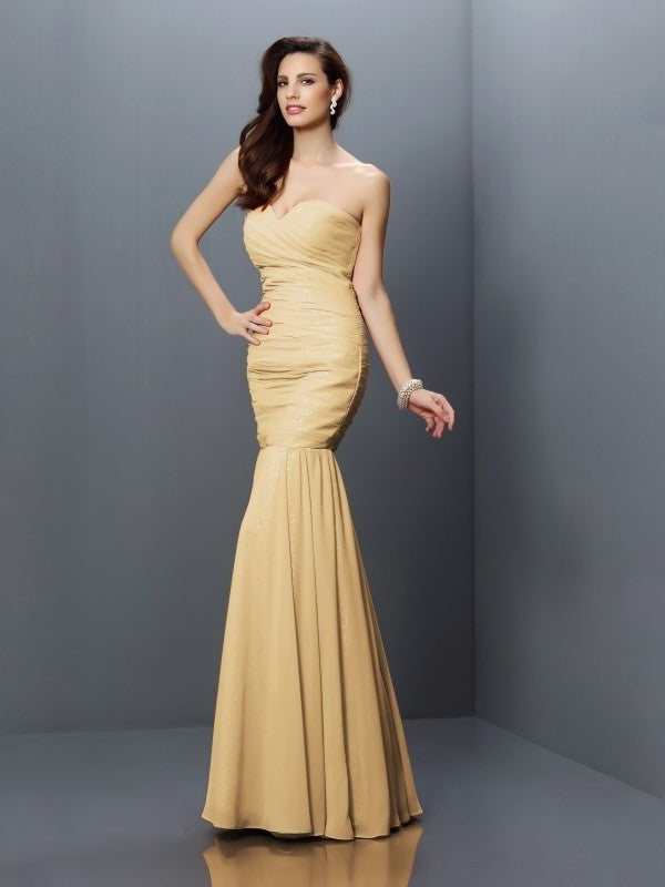 Trumpet/Mermaid Pleats Long Sleeveless Sweetheart Chiffon Bridesmaid Dresses