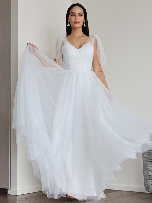 V-neck Sleeveless A-Line/Princess Ruffles Tulle Floor-Length Wedding Dresses