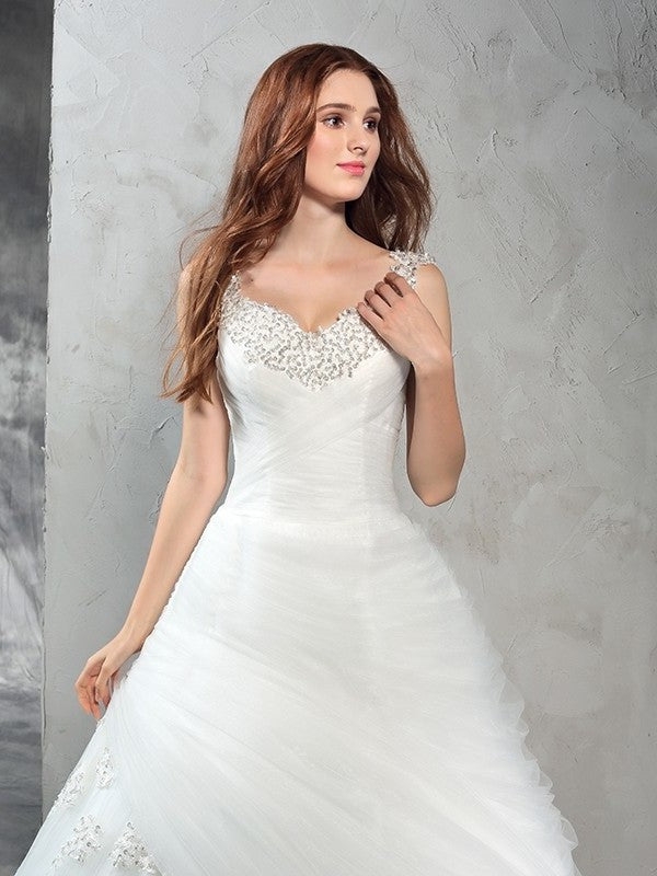 Straps Sleeveless Long Ball Gown Applique Net Wedding Dresses