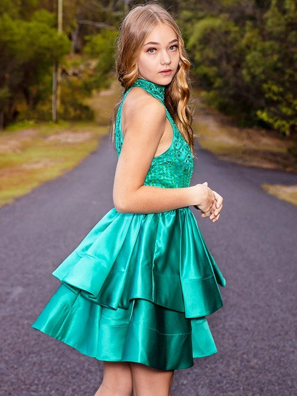 Sleeveless Satin Jewel A-Line/Princess Beading Short/Mini Homecoming Dresses