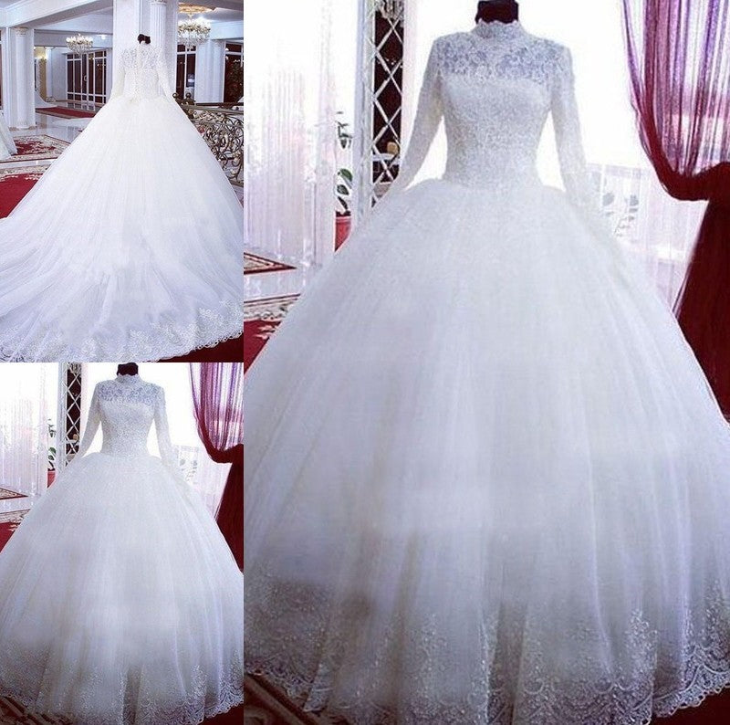 Lace Neck Sleeves High Tulle Ball Long Chapel Gown Train Wedding Dresses