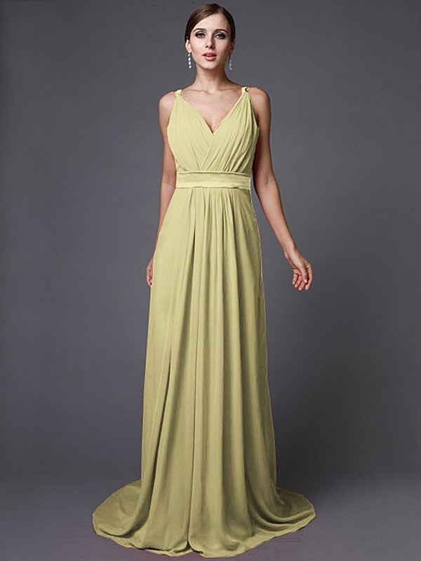 Long Ruffles A-Line/Princess Sleeveless V-neck Chiffon Bridesmaid Dresses