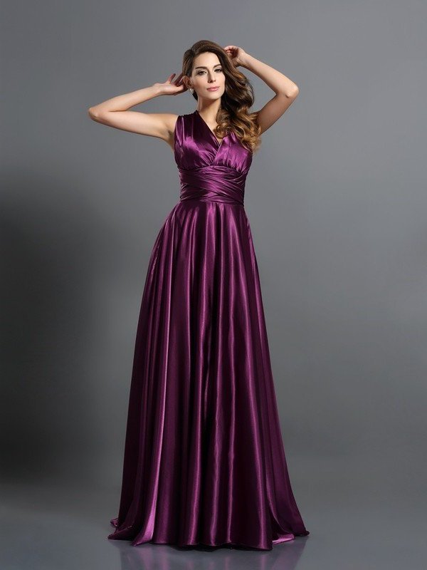 Pleats Silk A-Line/Princess like Long Sleeveless Satin Bridesmaid Dresses