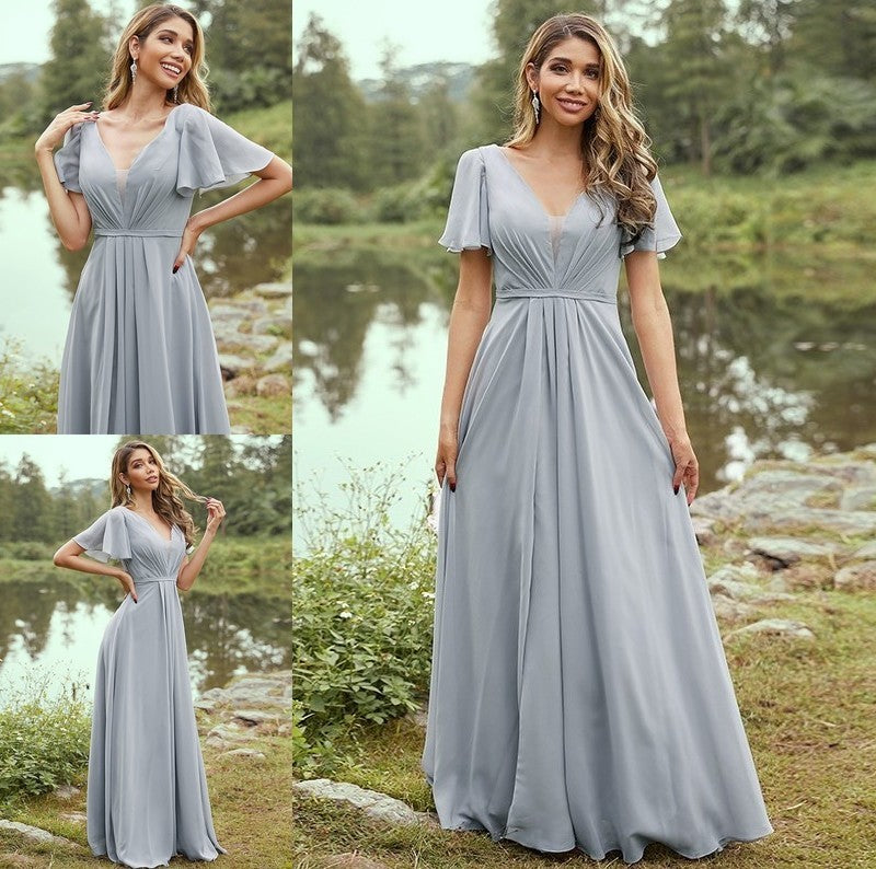 V-neck A-Line/Princess Short Chiffon Ruffles Sleeves Floor-Length Bridesmaid Dresses