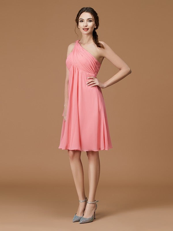 Sleeveless Ruched Short/Mini A-Line/Princess One-Shoulder Chiffon Bridesmaid Dresses