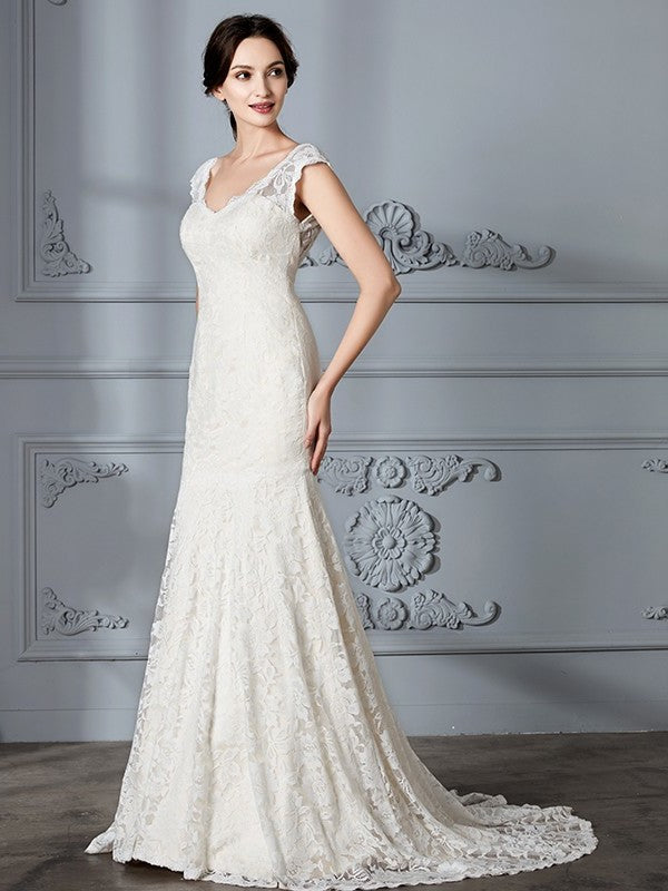 Lace V-Neck Sleeveless Sweep/Brush Trumpet/Mermaid Train Wedding Dresses