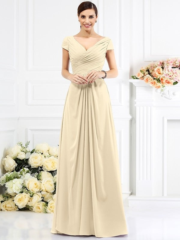 Sleeves Pleats A-Line/Princess Long V-neck Short Chiffon Bridesmaid Dresses