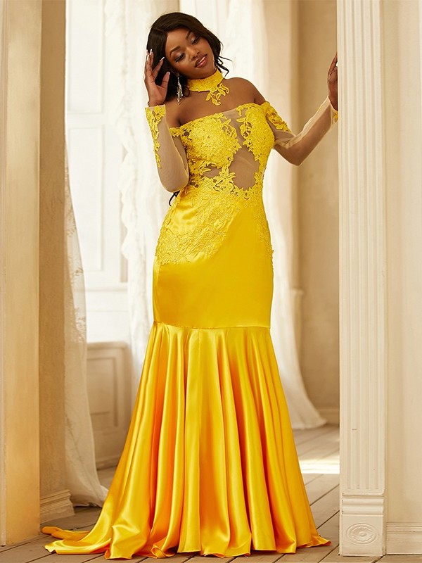 Satin Applique Sleeves Elastic Off-the-Shoulder Woven Long Trumpet/Mermaid Sweep/Brush Train Dresses