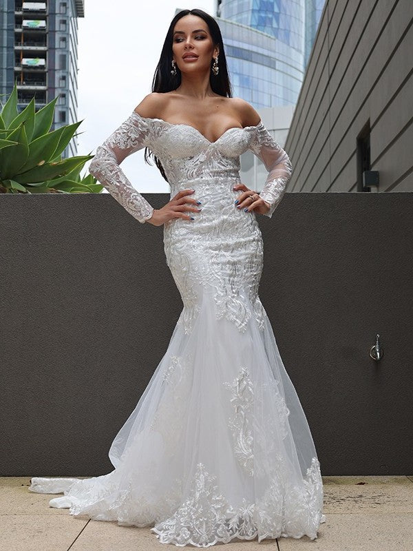 Sweep/Brush Applique Sleeves Off-the-Shoulder Long Trumpet/Mermaid Tulle Train Wedding Dresses