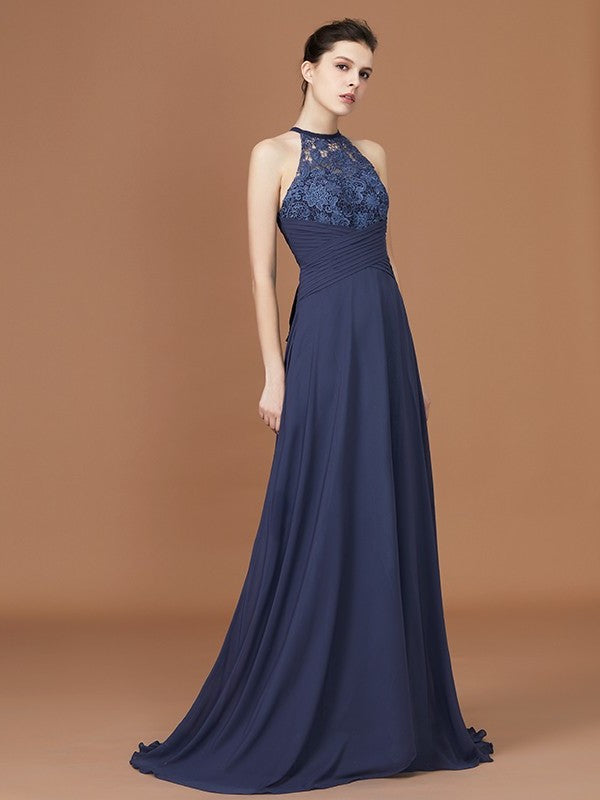 Train Sleeveless Chiffon Scoop Sweep A-Line/Princess Lace Bridesmaid Dress