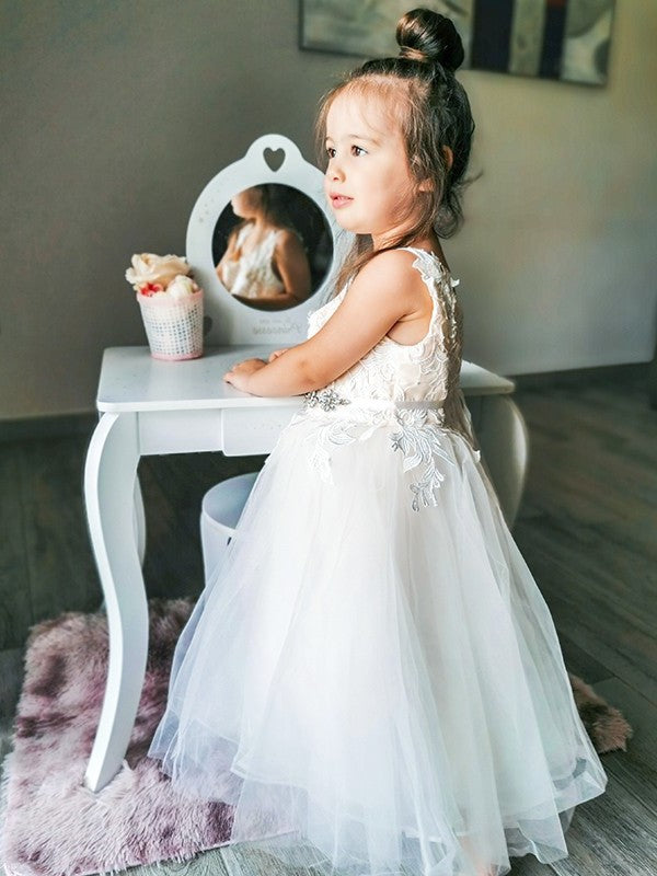 Sleeveless V-neck Lace Ankle-Length Tulle A-Line/Princess Flower Girl Dresses