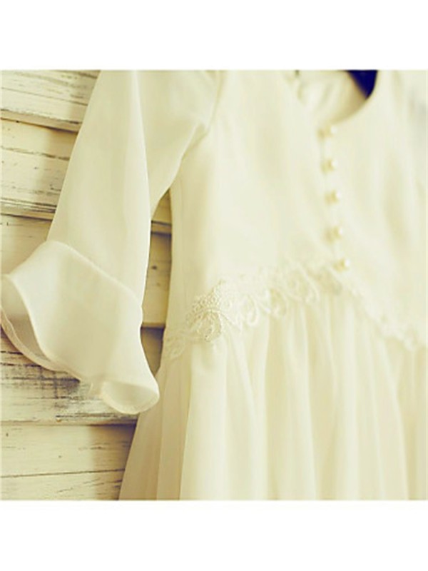 Ruffles Long Scoop Tea-Length A-line/Princess Sleeves Chiffon Flower Girl Dresses