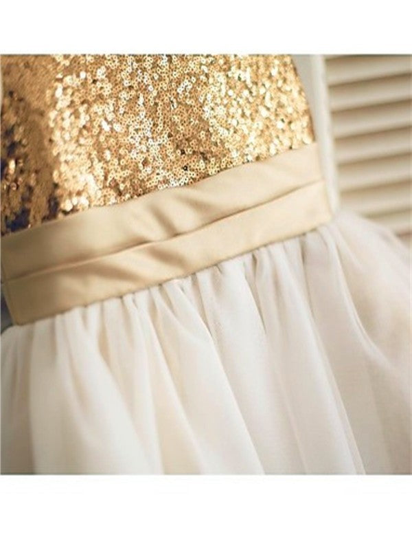 Tulle Sleeveless A-line/Princess Knee-Length Sequin Scoop Flower Girl Dresses