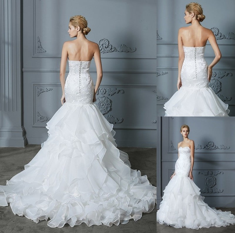 Sleeveless Sweetheart Trumpet/Mermaid Train Sweep/Brush Ruffles Organza Wedding Dresses